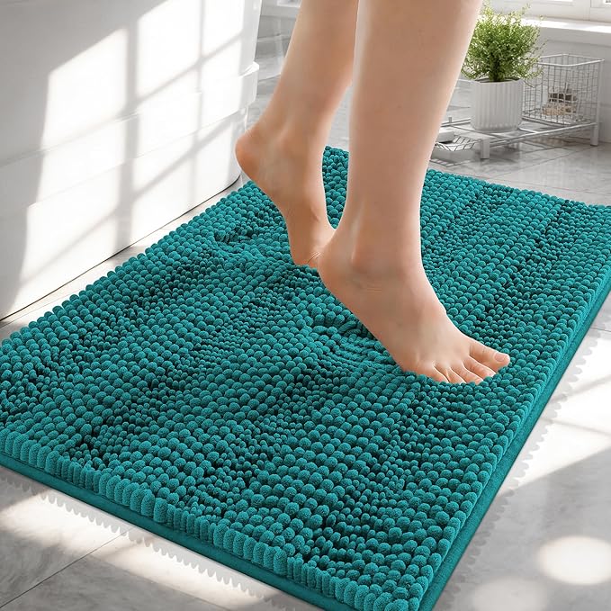 OLANLY Thick Small Bathroom Rugs 24x16, Extra Absorbent Chenille Striped Bath Rugs, Rubber Backing, Machine Wash, Bath Mats for Bathroom Floor, Tub and Shower, Home Decor Accessories, Deep Lake
