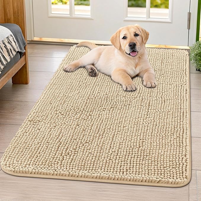 Smiry Dog Door Mat for Muddy Paws 40x32, Absorbent Dirt Trapper, Non-Slip Washable Chenille Entryway Rug for Inside Floor, Beige, Classic Solid