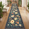 DUKINO 2.6x12 Kitchen Runner Rug, Lightweight Floral Washable Rug for Hallway, Boho Low Pile & Non Slip Backing Soft Floor Carpet for Entryway, Bedroom, Bathroom, Laundry, Navy Blue
