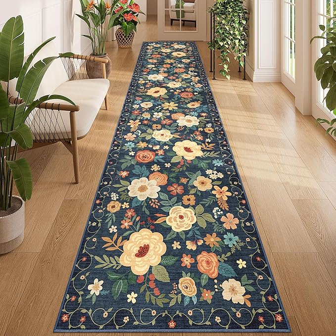 DUKINO 2.6x12 Kitchen Runner Rug, Lightweight Floral Washable Rug for Hallway, Boho Low Pile & Non Slip Backing Soft Floor Carpet for Entryway, Bedroom, Bathroom, Laundry, Navy Blue