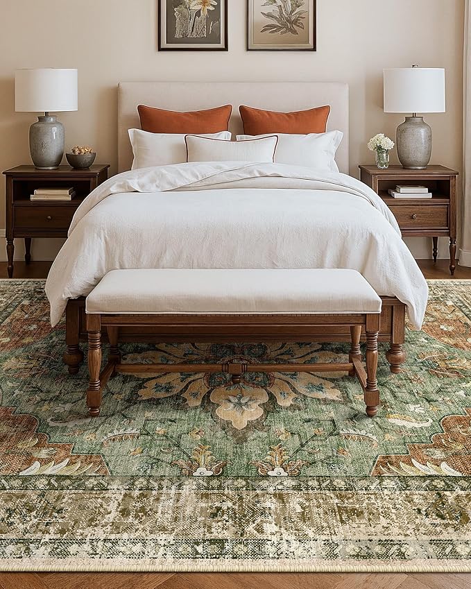 RELEANY Area Rugs Large 10'x14' Washable Non-Slip, Floral Vintage Distress Medallion Carpet for Living Room Bedroom Dining Room, Terracotta Burnt Orange Green