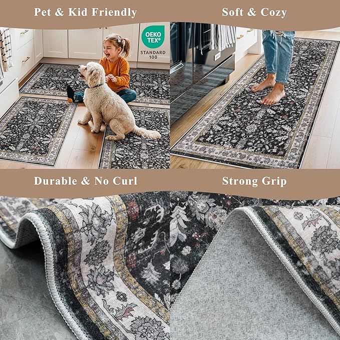 3x7 Washable Non-Slip Kitchen Runner Rug – Soft Low-Pile Stain-Resistant Carpet for Hallway Entryway Bedroom Laundry Room Bathroom – Boho Floral Wide Floor Runner with Rubber Backing (Black,3x7)