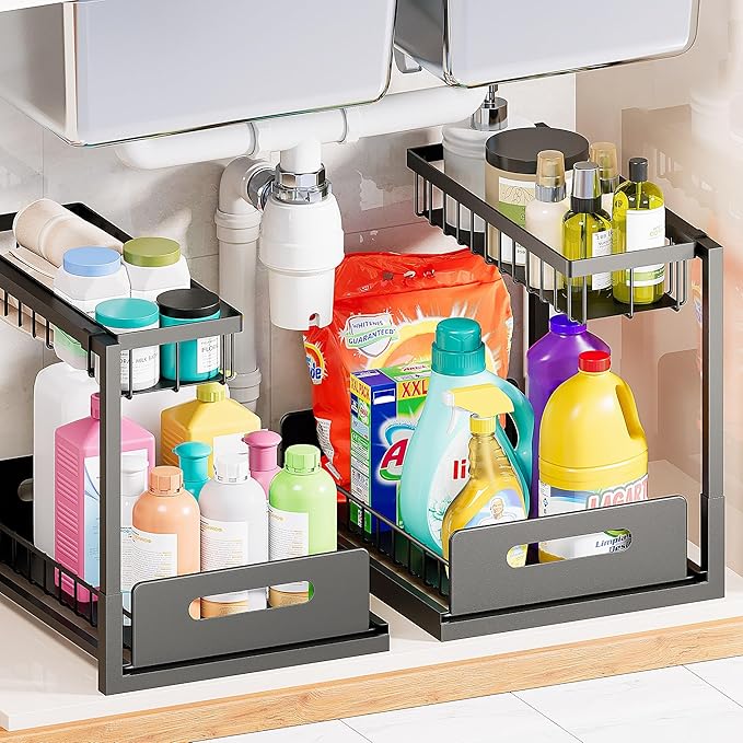 Under Sink Organizer and Storage 2 Pack, Slide Out Cabinet Organizer, Pull Out Sink Shelf for Kitchen Bathroom Laundry, Black