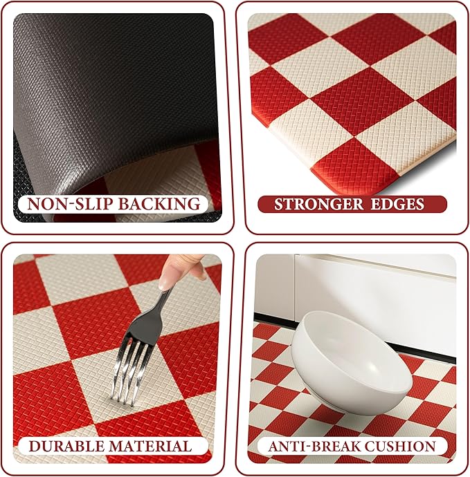 Beige Red Checkered Grid Checkerboard Kitchen Rug Sets [2 PCs], Anti-Fatigue, Waterproof Non-Slip Kitchen Mats Heavy Duty Comfort Foam Rug for Kitchen, Floor, Home, Laundry,17"x29"+17"x47"