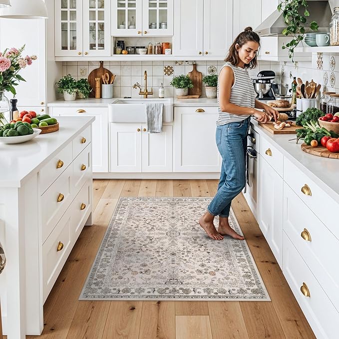 3x4 Entryway Rug Washable Non-Slip–Boho Floral Stain-Resistant Small Area Rug for Kitchen Bedroom Bathroom – Soft Low-Pile Thin Indoor Door Mat (Beige,3x4)
