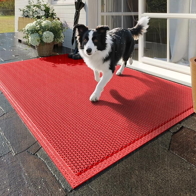 Front Door Mat 20''x31'', Drainage Heavy Duty Dirt Trapping Non-Slip Doormats, Outdoor Rubber Floor Mats, Restaurant Commercial Kitchen Industral Pool Entrance Bar Wet Area, Red