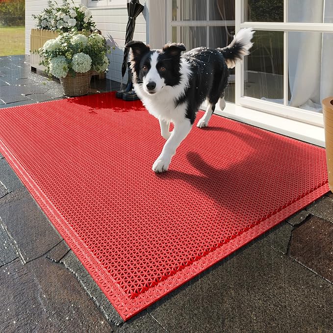 Front Door Mat 24''x36'', Drainage Heavy Duty Dirt Trapping Non-Slip Doormats, Outdoor Rubber Floor Mats, Restaurant Commercial Kitchen Industral Pool Entrance Bar Wet Area, Red