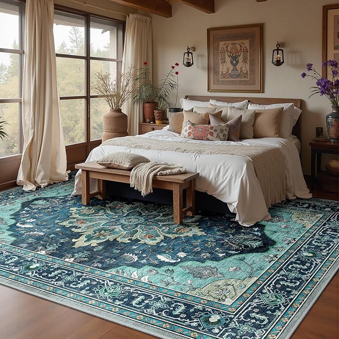 RELEANY Area Rugs Large 10'x14' Washable Non-Slip, Floral Vintage Distress Medallion Carpet for Living Room Bedroom Dining Room, Teal Green Lake Blue Turquoise