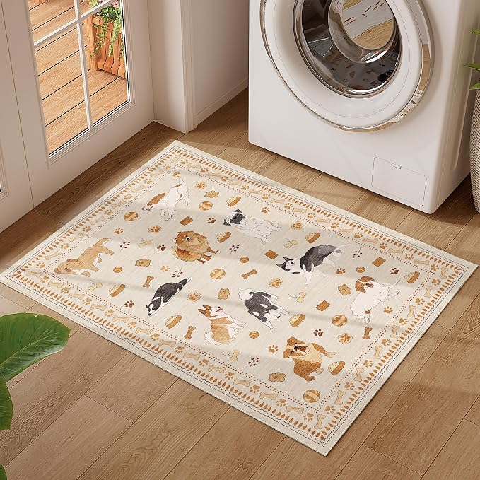 DUKINO 2x3 Entryway Rug, Washable Small Door Mat Indoor Entance Lightweight Area Rug with Non Slip, Low Pile & Non Shedding Animal Dog Carpet for Kitchen, Bathroom, Bedroom, Kids Room, Beige Yellow