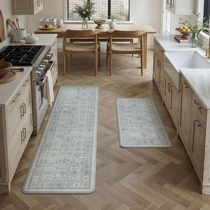PureCozy Kitchen Mats 2PCS Anti Fatigue Cushioned Mat Blue Vintage Kitchen Mats for Floor Waterproof Non Slip Comfort Standing Distressed Rug for Sink Laundry Office 17.3"x59"+17.3"x30"