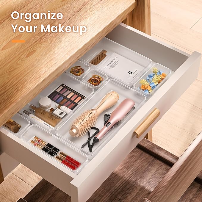 A-LuGei 【Military Grade】 Drawer Organizer, 【𝟱𝗦𝗶𝘇𝗲】 Makeup organizer, 【Holds 177 Items】 Bathroom Organizers and Storage, Organization and Storage, Desk Drawer Organizer for Vanity (Clear)