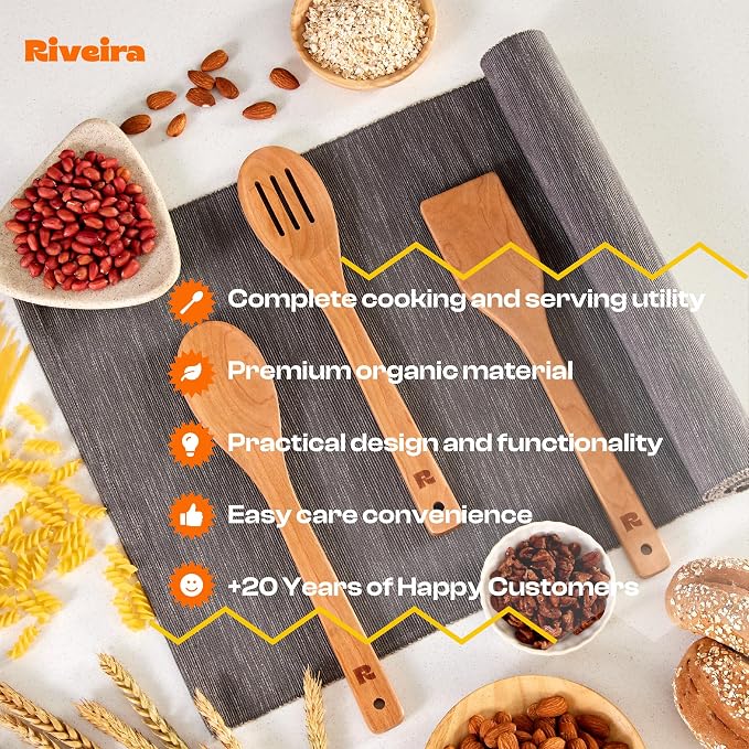 Riveira Cherry Wooden Spoons for Cooking Set of 3 – Natural Cherry Wooden Cooking Utensils, Wooden Spatula, Wooden Spoon - Premium Quality Utensil Set for Non-Toxic Cooking