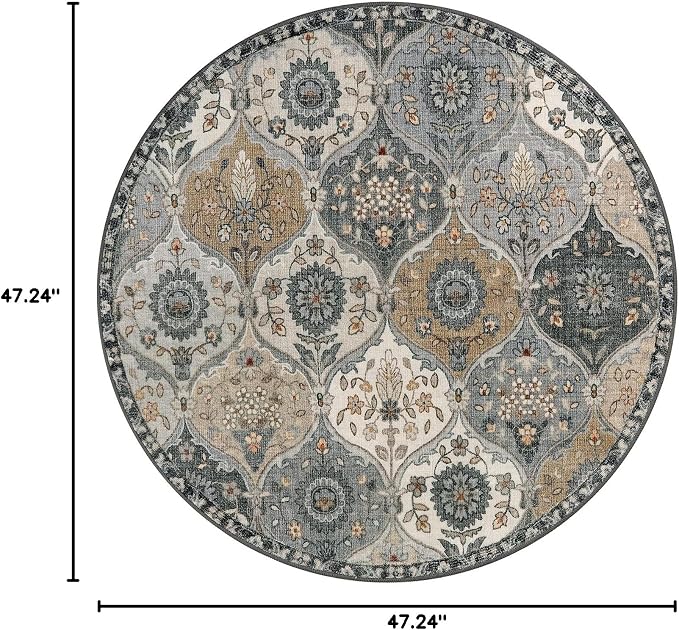 Lahome Moroccan Washable Round Rugs, Soft Vintage Round Rug 4ft, Distress Circle Carpet for Entryway Bathroom Bedroom, Non Slip Low Pile Stain Resistant Accent Rug Elise, Grey