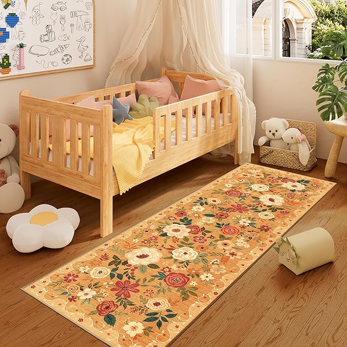 DUKINO 2x6 Runner Rug for Hallway, Washable Kitchen Runner Rug with Non Slip Backing, Low Pile Soft Boho Floral Runner for Kitchen, Hallway, Entryway, Laundry, Bedroom, Orange