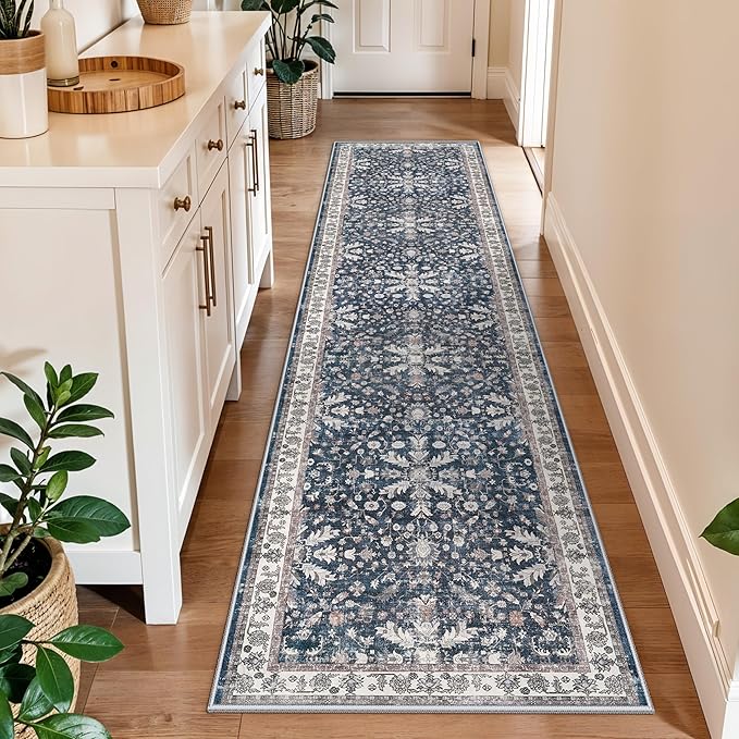 2x8ft Washable Non Slip Kitchen Rugs – Boho Floral Stain-Resistant Low-Pile Floor Carpet Runner for Hallway, Bathroom, Bedroom, Entryway (Blue, 2x8)