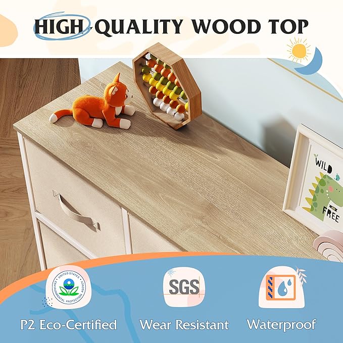 WLIVE 7 Drawer Dresser TV Stand, Entertainment Center, Media Console Table with Metal Frame and Wood Top for TV up to 45 inch, Chest of Drawers for Bedroom, Living Room, Cream White