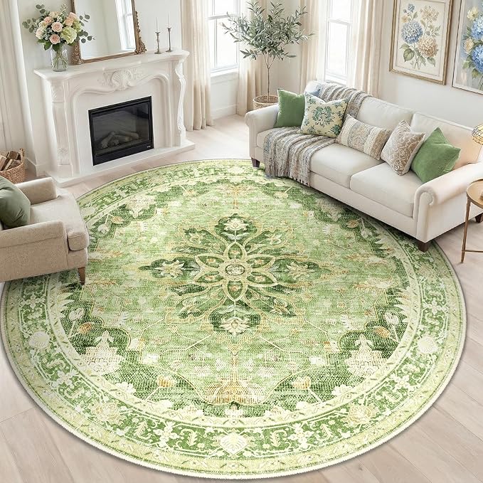 RELEANY Area Rugs Round 8ft Washable Non-Slip, Floral Vintage Distress Medallion Carpet for Living Room Bedroom Dining Room, Sage Green Yellow