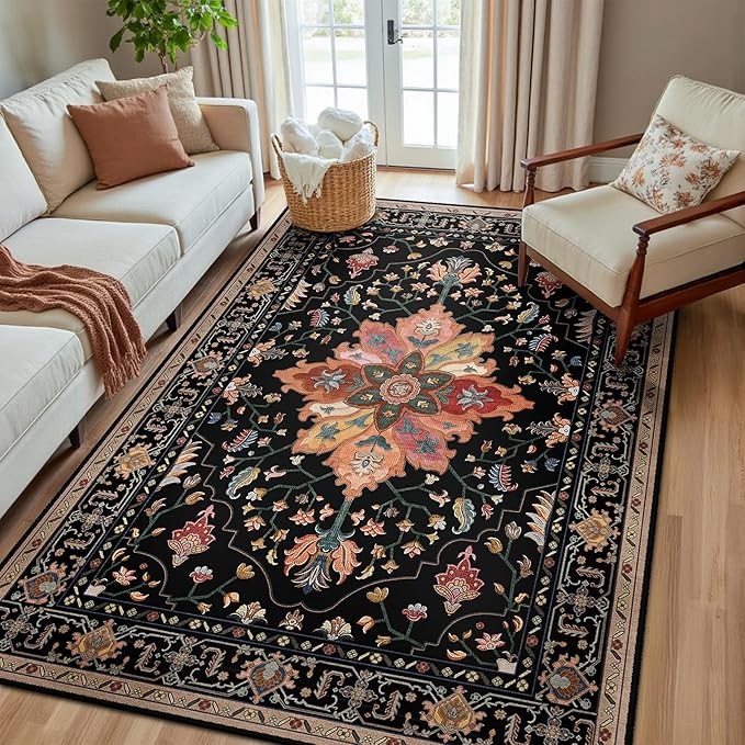 RELEANY Area Rugs 5'x8' Washable Non-Slip, Floral Vintage Distress Medallion Carpet for Living Room Bedroom Dining Room, Black Colorful Floral Dark Tan