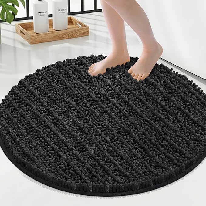 Smiry Bathroom Rugs Mat Round 24x24, Soft Absorbent Chenille Bath Rugs, Non Slip Rubber Backing Machine Washable Quick Dry Bath Mats for Bathroom Floor, Tub, Shower, Home Accessories, Black