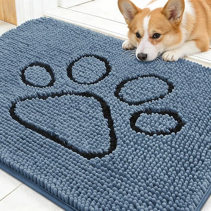 OLANLY Dog Door Mat for Muddy Paws 30x20, Paw Print Design, Absorbs Moisture and Dirt, Absorbent Non-Slip Washable Doormat, Quick Dry Chenille Mud Mat, Entry Indoor Entryway Carpet, Airy Blue