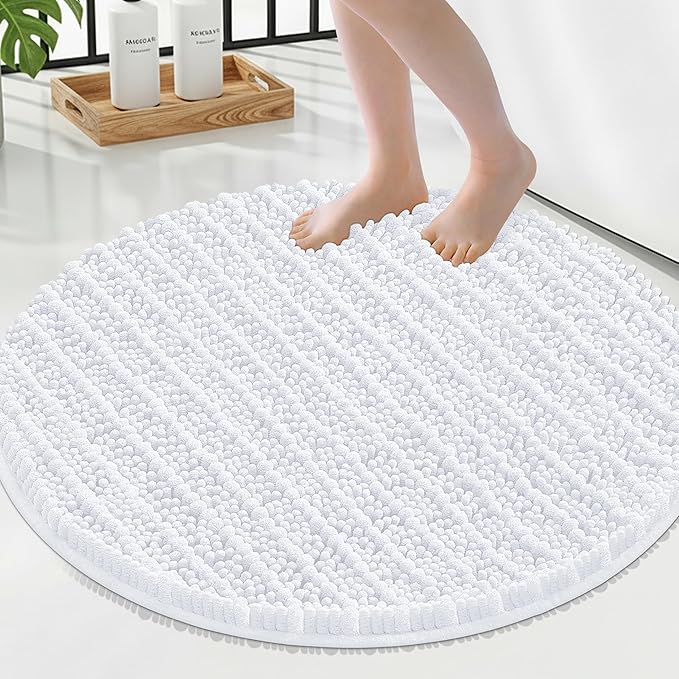Smiry Bathroom Rugs Mat Round 24x24, Soft Absorbent Chenille Bath Rugs, Non Slip Rubber Backing Machine Washable Quick Dry Bath Mats for Bathroom Floor, Tub, Shower, Home Accessories, White