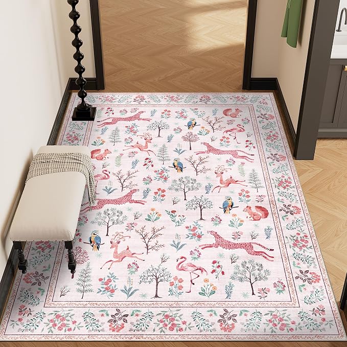 DUKINO 3x5 Rug, Washable Animal Area Rug with Non Slip Vintage Design, Indoor Soft Low Pile Carpet for Bedroom, Nursery, Dining Room, Farmhouse, Playroom, Pink