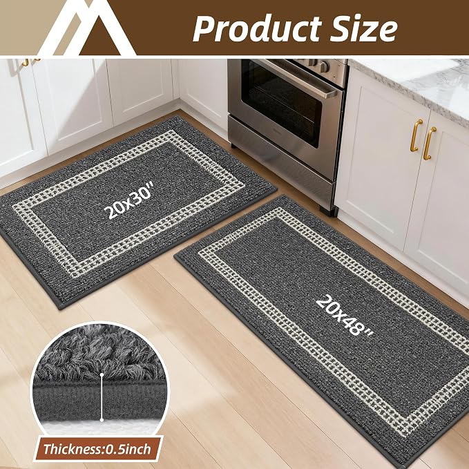 COSY HOMEER Kitchen Rugs Non-Slip 20x30/20x48 Inch Thick Polypropylene Standing Mat for Home Machine Washable, Black