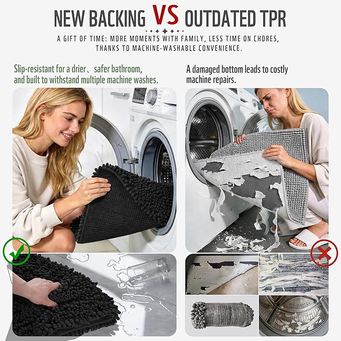 Yimobra Bathroom Rugs Non Slip Washable 32x20 Inch - Ultra Soft Absorbent Chenille Bath Mat, Quick Dry Shaggy Floor Carpet for Tub Shower, Black Home Decor Accessories