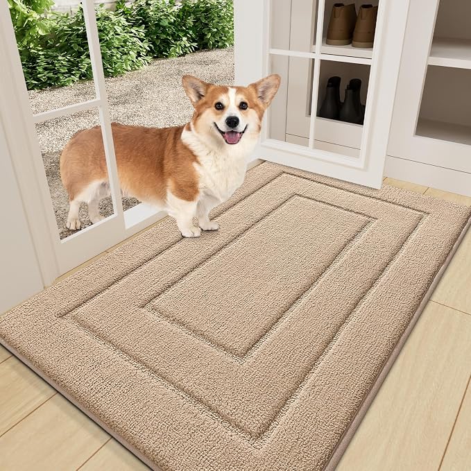 Smiry Dog Door Mat for Muddy Paws, Absorbs Moisture and Dirt, Low-Profile Entryway Mat with Non-Slip Backing, Entry Indoor Outdoor Doormat for Inside Floor (36x24 Inches, Beige, Bordered)