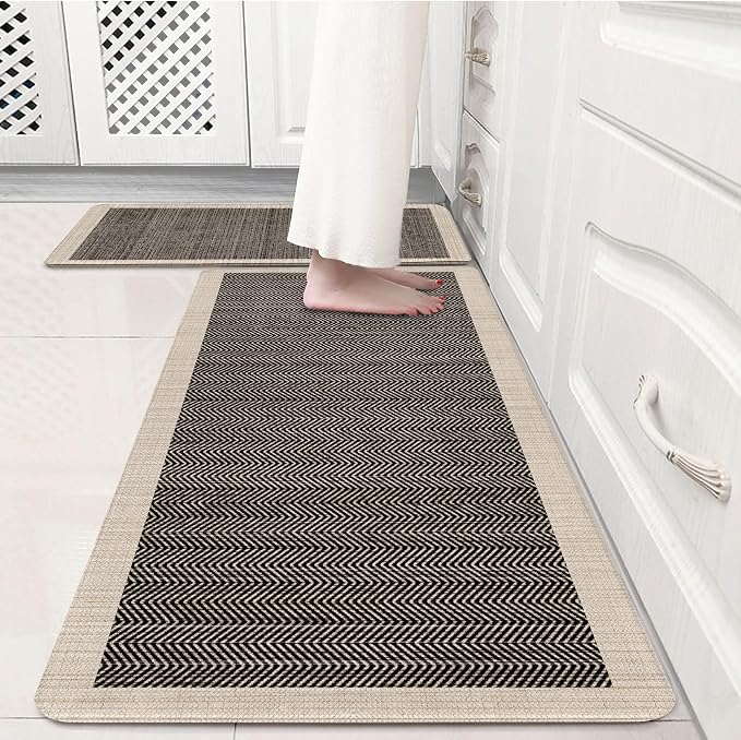 Black Vintage Boho Elegance Kitchen Rug Sets [2 PCs], Anti-Fatigue, Waterproof Non-Slip Kitchen Mats Heavy Duty Comfort Foam Rug for Kitchen, Floor, Laundry,17"x29"+17"x47"