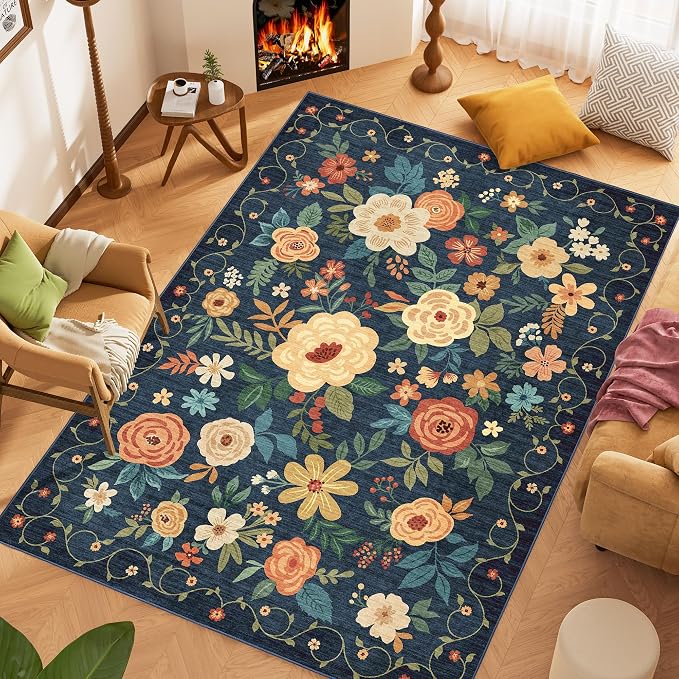 DUKINO 9x12 Area Rug, Floral Rugs for Living Room, Lightweight Non Slip Washable Rug, Indoor Low Pile & Non-Shedding Boho Design Rugs for Bedroom, Living Room, Dining Room, Dark Blue