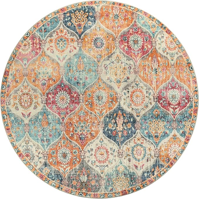 Lahome Moroccan Washable Round Area Rug, Soft Round Rugs 6ft Ultra-Thin Non-Slip, Vintage Distressed Large Circle Carpet for Bedroom Living Room Kitchen Nursery Elise, Burnt Orange