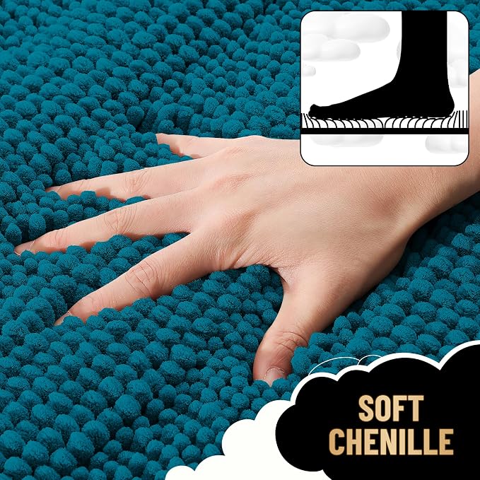 OLANLY Thick Bathroom Rugs 30x20, Extra Soft Absorbent Chenille Striped Bath Rugs, Rubber Backing, Machine Wash Dry, Bath Mats for Bathroom Floor, Tub and Shower, Home Decor Accessories, Peacock Blue