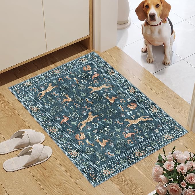 DUKINO 2x3 Rug, Washable Animal Rugs for Entryway, Non Slip Indoor Door Mat, Soft Low Pile Small Area Carpet for Entrance, Bedroom, Kitchen, Laundry, Bathroom, Blue