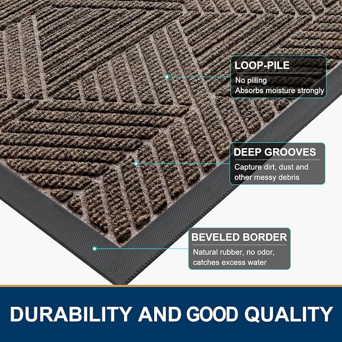 Smiry Front Door Mat Outside Entrance, Heavy Duty Sturdy Natural Rubber Doormat, Trap Dirt and Moisture, Easy Clean Low Profile Mats for Indoor Outdoor Entry, Irregular Triangle (33x21, Brown)