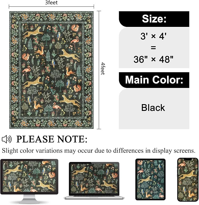 DUKINO 3x4 Washable Entryway Rug, Vintage Animal Ultra Soft Kitchen Area Rug with Non Slip Backing, Low Pile & Stain Resistant Indoor Door Mat for Bathroom, Bedroom, Laundry Room, Office, Black