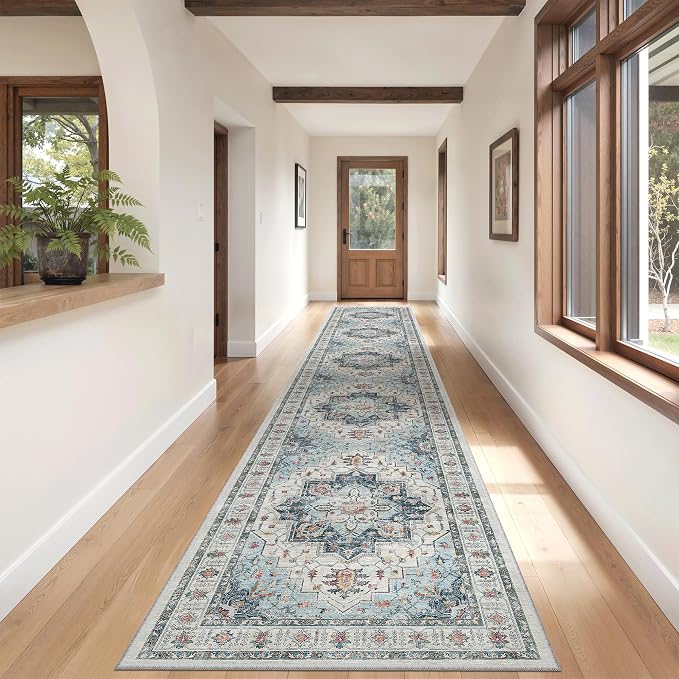 Madane Hallway Runner Rug 2'6''x16' Kitchen Runner - Non Slip Vintage Runners for Hallways Washable Kitchen Rugs Soft Low Pile 2.5x16 ft Rug Runner for Laundry Room, Entryway and Bedroom, Blue