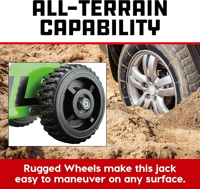 Powerbuilt 1.5 Ton Big Wheel Off Road Jack, Vehicle Lift for Trucks, SUVs, ATVs Offroad Vehicles, Oversized Wheels for Rugged Terrain, 3000 LB Capacity, Green 620628ECE