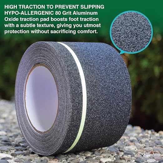 LifeGrip Anti Slip Traction Tape with Glow in Dark Green Stripe, 4 Inch x 30 Feet - Best Grip, Friction, Abrasive Adhesive for Stairs, Tread Step, Indoor and Outdoor, Black (4 inch X 30 feet)
