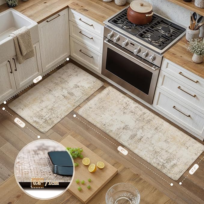 Kitchen Mats for Floor Set of 2 Anti Fatigue Waterproof Kitchen Rug Beige Grey Abstract Cushioned Non-Slip Kitchen Mats Comfort Standing Neutral Mat for Sink Laundry Office 17.3"×47"+17.3"×30"