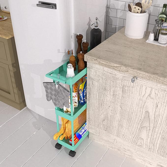 Simple Houseware 3-Tier Slim/Narrow Storage Cart with Handle, 5.5'' Wide x 27.5'' Height Rolling Organizer for Kitchen, Bathroom, Laundry Room - Turquoise