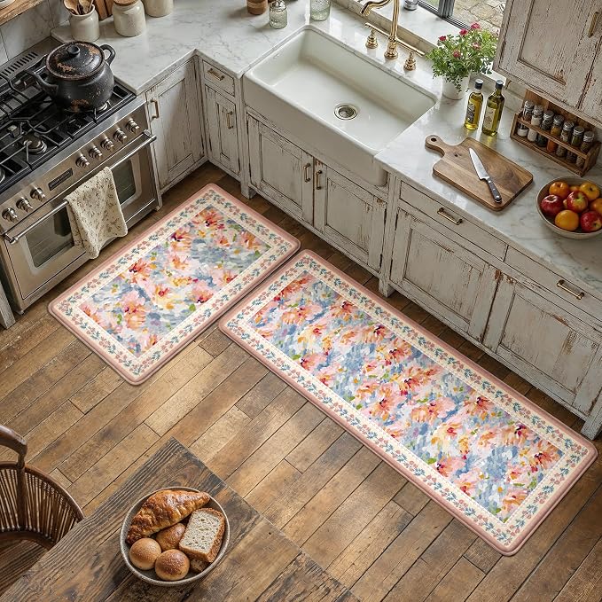 Anti Fatigue Kitchen Mats 2PCS Thick Non Slip Cushioned Rugs Pink Abstract Floral Waterproof Comfort Standing Mats for Floor Sink Laundry Office 17.3"×47"+17.3"×30"