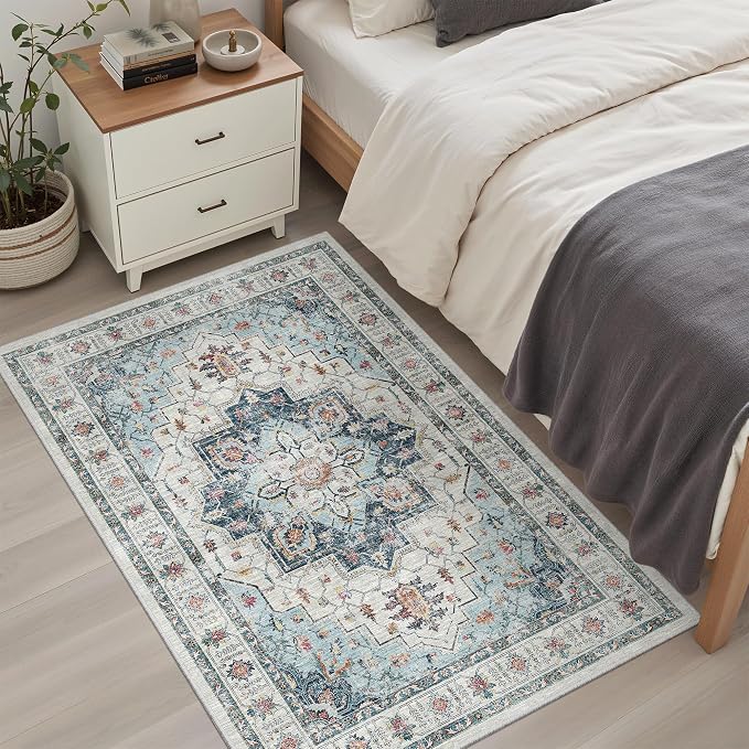 Madane Washable Entry Rug 3x4, Area Rugs for Entryway Kitchen Bathroom Door Mat Indoor Entrance, Vintage Floral Print Office Runner with Non Slip Rubber Backing, Blue