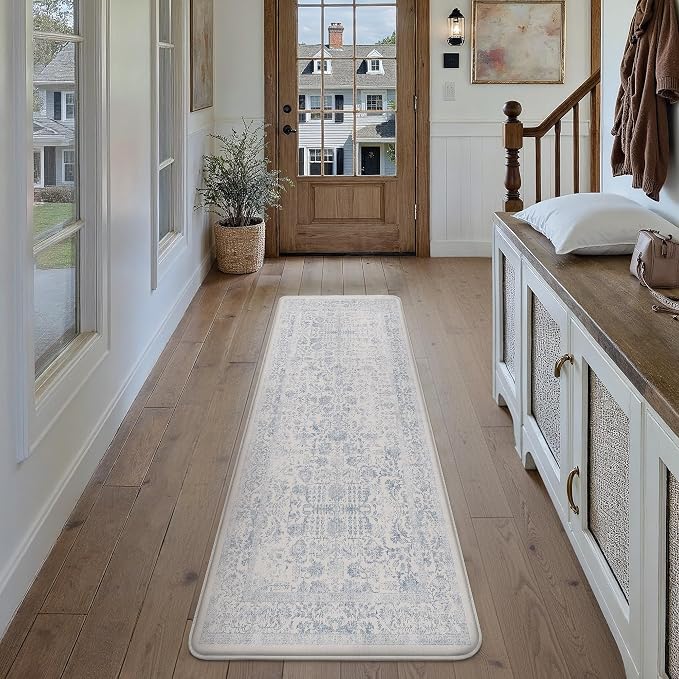 PureCozy Kitchen Mats 2PCS Anti Fatigue Cushioned Mat Light Blue Vintage Kitchen Mats for Floor Waterproof Non Slip Comfort Standing Retro Floral Rug for Sink Laundry Office 17.3"x59"+17.3"x30"