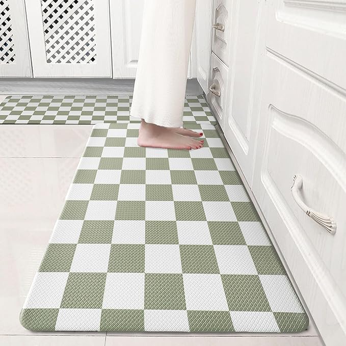 Sage Green Checkered Grid Checkerboard Kitchen Rug Sets [2 PCs], Anti-Fatigue, Waterproof Non-Slip Kitchen Mats Heavy Duty Comfort Foam Rug for Kitchen, Floor, Home,Laundry,17"x29"+17"x47"