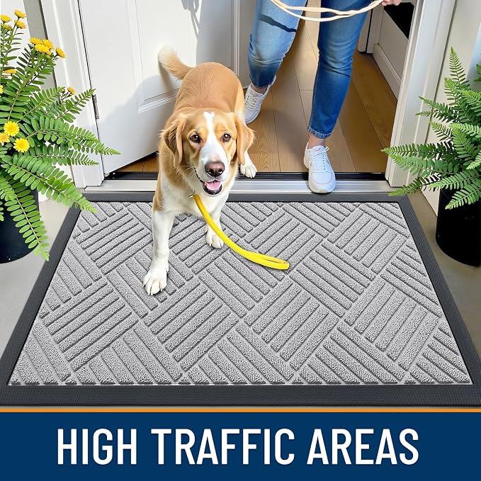 OLANLY Front Door Mat Outside Entrance 35x23, Absorbent, Heavy Duty Sturdy Natural Rubber Doormat Indoor Outdoor, Stain Fade Resistant, Non-Slip Low Profile Floor Mat for Entryway, Light Gray Diamond