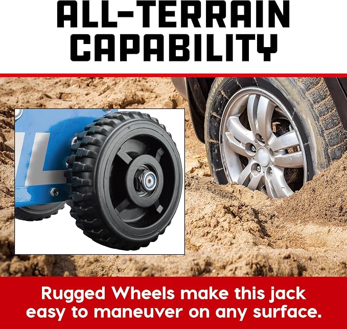 Powerbuilt 1.5 Ton Big Wheel Off Road Jack, Vehicle Lift for Trucks, SUVs, ATVs Offroad Vehicles, Oversized Wheels for Rugged Terrain, 3000 LB Capacity, Blue 620625ECE