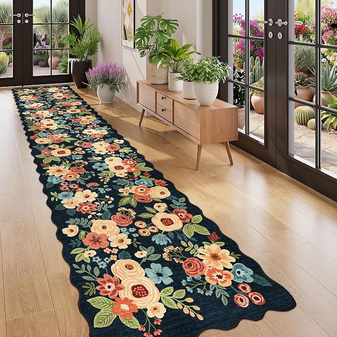 DUKINO 2x12 Runner Rug for Hallway, Soft Floral Washable Kitchen Runner Rug with Non Slip Backing, Lightweight & Low Pile Extra Loog Carpet for Entryway, Laundry Room, Entrance, Bedroom, Navy Blue