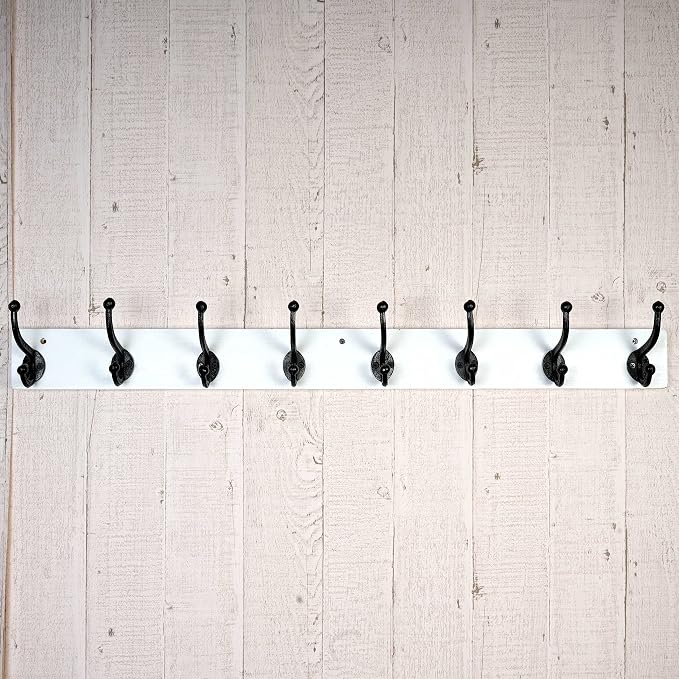 WEBI Rustic Coat Rack Wall Mount,35.43" Long 8 Cast Iron Coat Hooks Wall Mounted,Heavy Duty Wall Coat Hanger Hooks for Hanging Coats,Clothes,Black on White,2 Packs