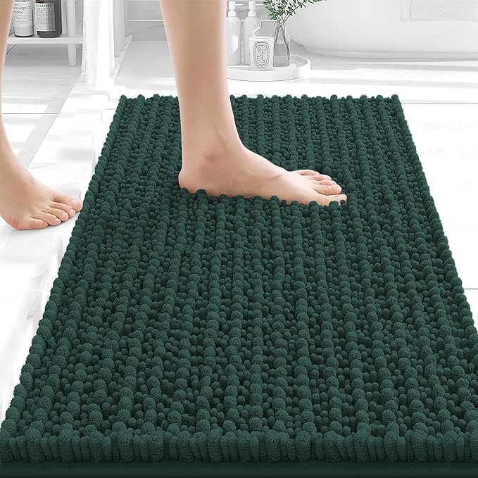 OLANLY Bathroom Rug Mat 24x16, Thick Soft and Absorbent Chenille Bath Mat, Non-Slip Rubber Backing, Machine Washable Quick Dry Bath Rugs for Tub Shower Floor, Home Decor Accessories, Blackish Green